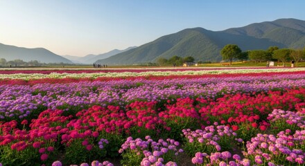 Vast expanse of colorful flowers blooming under clear blue sky with distant mountains
