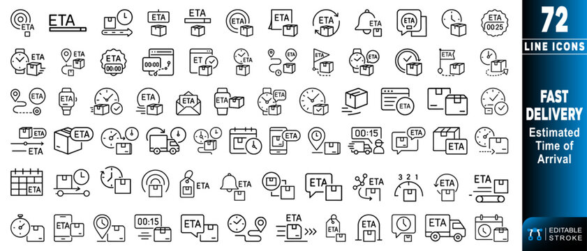 Fast delivery line icons representing estimated time of arrival in various styles. Editable stroke. Vector illustration
