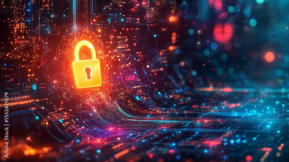 Poster cybersecurity breakthrough glowing cyber lock symbol over futuristic tech background digital environ
