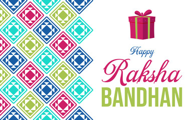 Happy raksha bandhan celebration greeting card with gift box and colorful pattern