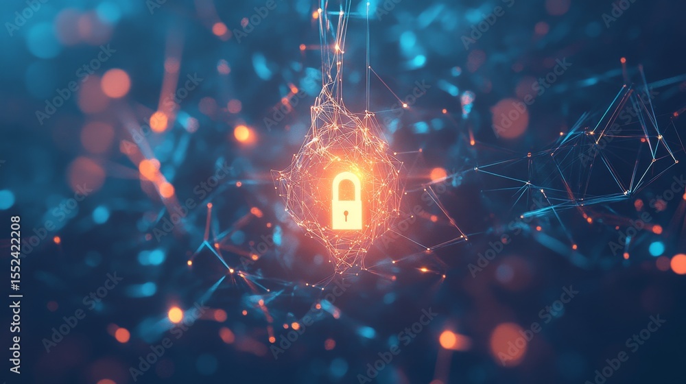 Poster floating glowing lock above a techno network a futuristic digital security concept in cyber environm