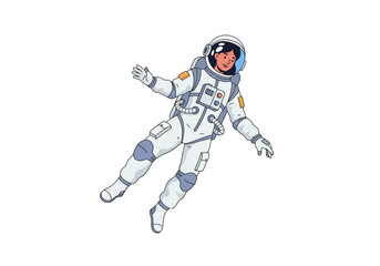 Cartoon Astronaut Woman Floating in Space Suit with Helmet and Gloves. © Ranako Studio