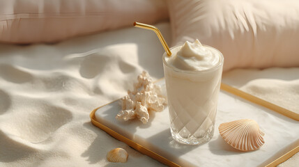 Refreshing frosty drink served on a marble tray on the beach, accessorized with seashells and beach sand.