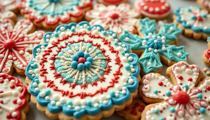 Close-up view of several decorated Christmas cookies.