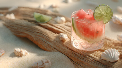 Refreshing watermelon drink with lime, on driftwood by the beach. Summer refreshment with beachy vibes.
