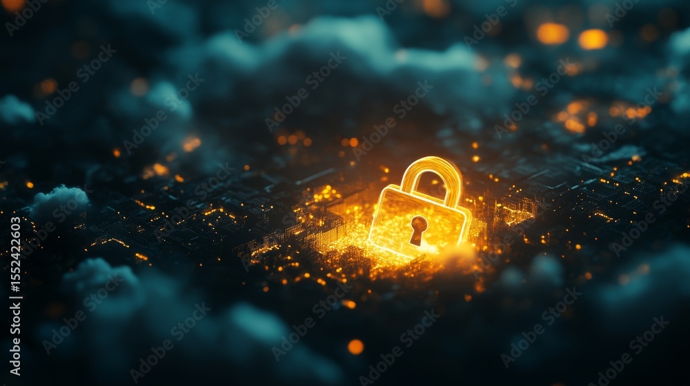 Poster visualizing data security glowing lock symbol above data cloud digital environment illustration for 