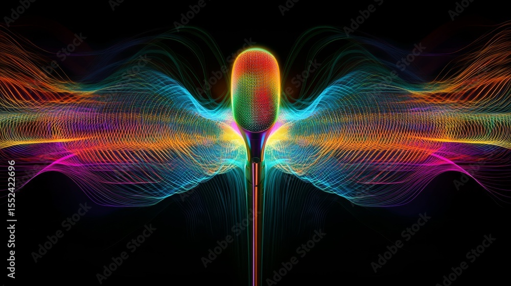 Poster energetic sound waves from a glowing microphone in a dynamic studio environment