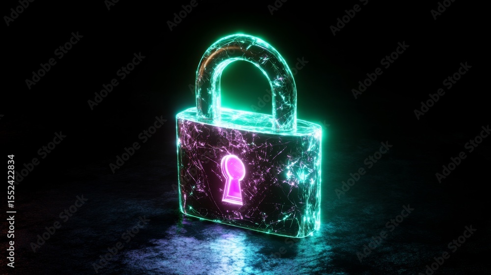 Poster illuminated padlock with holographic interface in a dark environment a fusion of security and techno