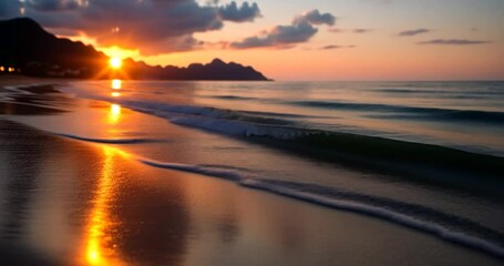 Golden sunset at a beach with water waves and sparkling reflections. The sun sets behind dark mountains as the ocean water shines - Powered by Adobe