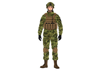 Fullbody illustration of a soldier in camouflage uniform with tactical gear.