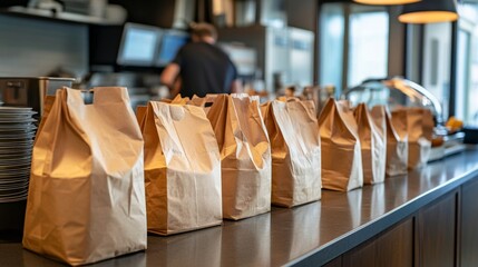 Food delivery bags arranged on counter in restaurant environment showcasing takeout options