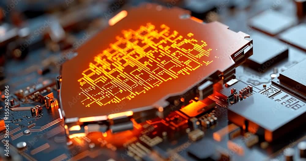 Poster glowing orange shield shaped digital circuit board on a blurred background symbolizing data protecti