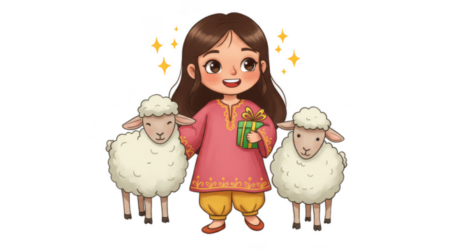 Illustration Girl with Sheep Gift Celebrating Eid Al Adha Cartoon