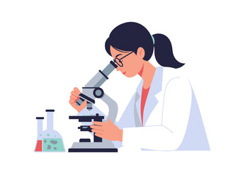 Scientist Examining Sample Through Microscope in Laboratory Wearing White Coat and Glasses.