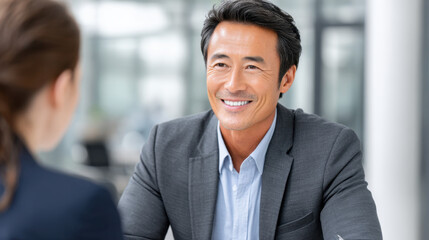 Smiling businessman in gray suit talking to colleague in modern office with bright natural light and blurred background