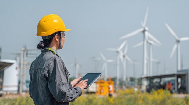 Female engineer wearing yellow helmet using tablet analyzing wind turbine farm for renewable energy, sustainability and environment conservation