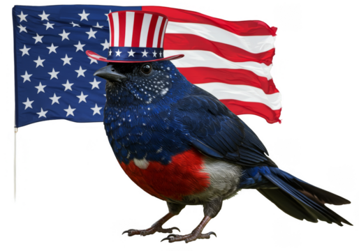 Illustration of Bird Wearing Patriotic Hat with American Flag Backdrop