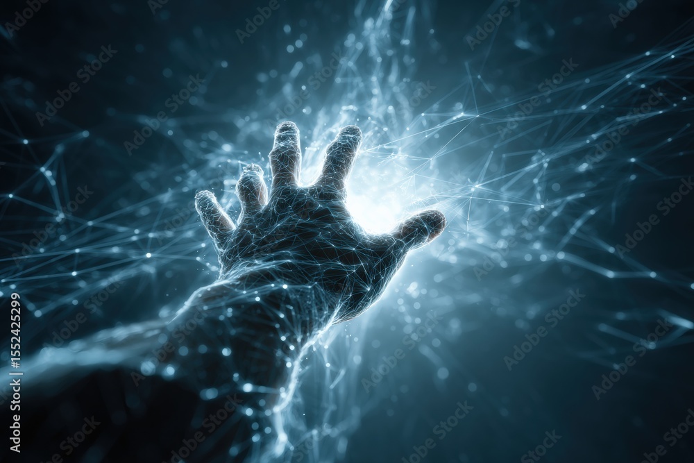 Poster Polygonal hand reaching out from abstract digital network, symbolizing innovation and connection in business technology