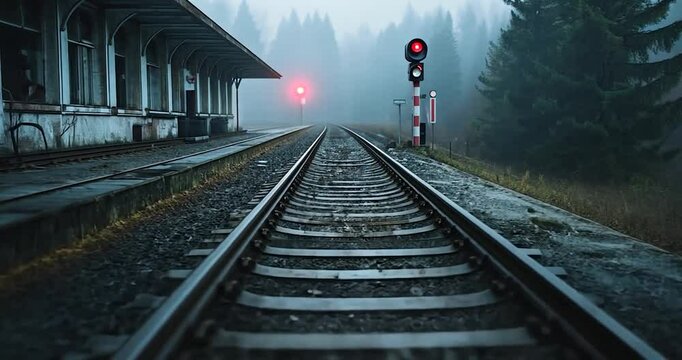 Video frame showing an abandoned train station with tracks leading into a foggy forest. The scene is dark and moody with a red signal light