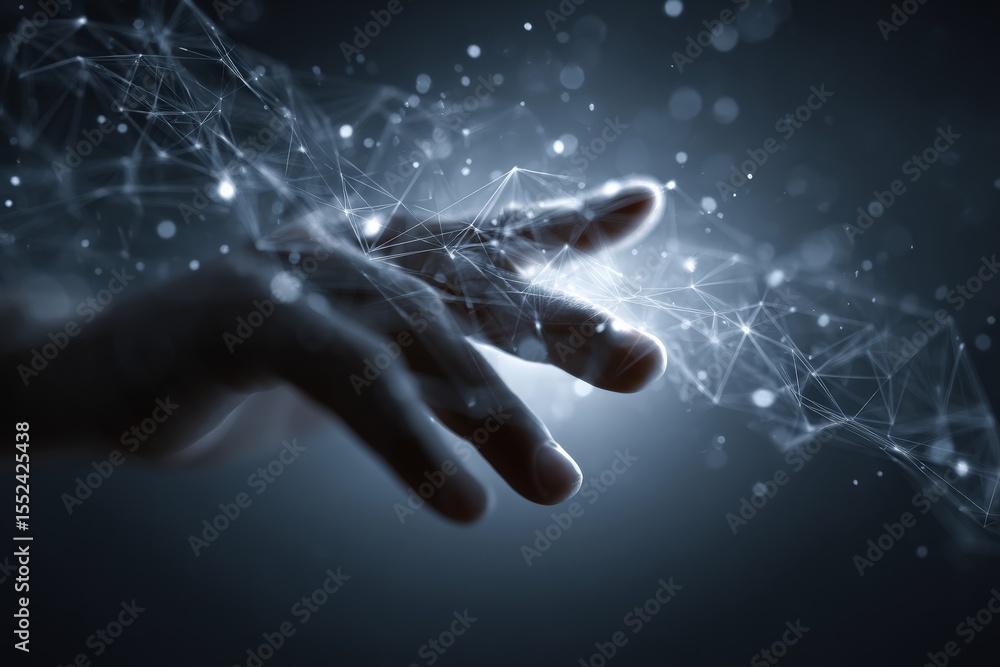 Poster businessman interacting with a futuristic digital network, symbolizing innovation and connection in 