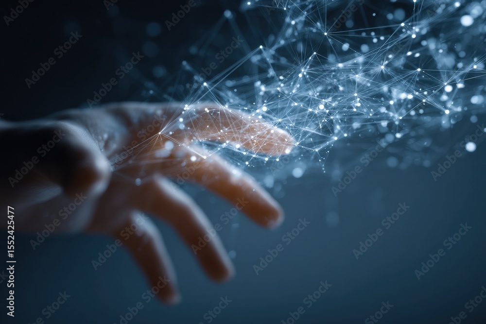 Poster Hand interacts with a complex digital network, symbolizing innovation and connection in the realm of business technology