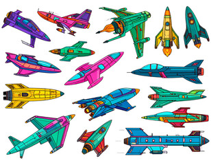 A vibrant collection of futuristic aircraft and rockets, each with unique designs and color schemes, suitable for various applications