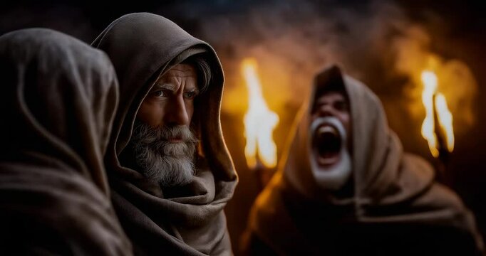 Man Calms Angry Elders, Torches