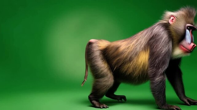 A mandrill walking on all fours in front of a solid green colored background in a studio setting green screen video