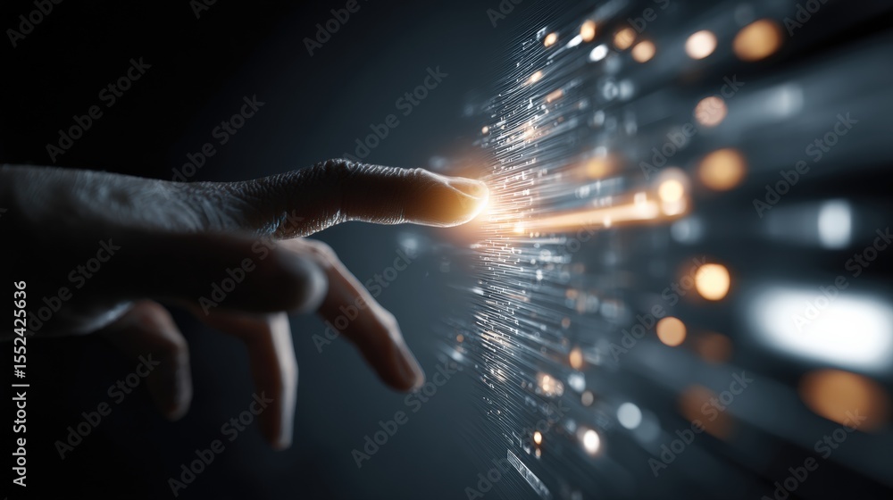 Poster Hand touching a futuristic screen with digital interface and light effects on a dark background, a technology concept for business or web design
