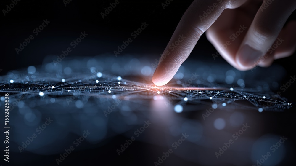 Aufkleber close up of a finger activating a glowing digital interface on a futuristic technology screen, symbo