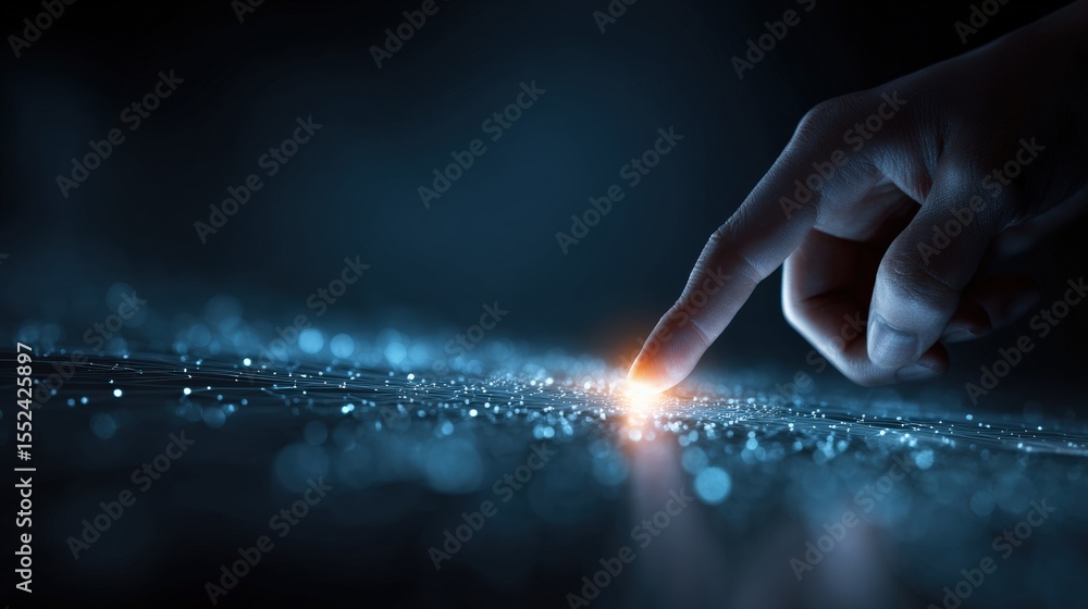 Poster Hand interacting with a futuristic digital interface, activating a glowing light effect on a dark background, representing innovation and technological advancement