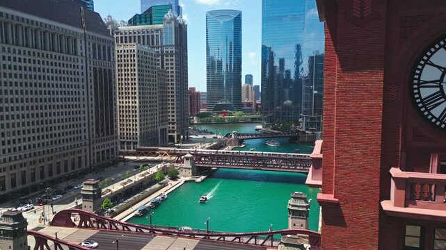 Reveal Aerial of Chicago River Bridges and City Skyline