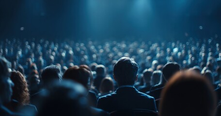 Large group of businesspeople attending a conference in a spacious auditorium, illuminated by blue lighting, engaging with the speaker