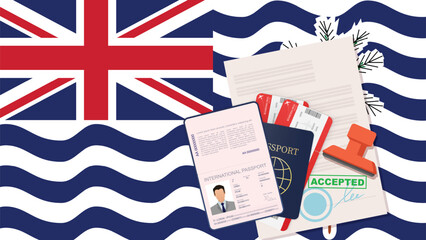 Visa to British Indian Ocean Territory and Passport. British Indian Ocean Territory Flag Background. Vector