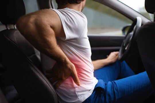 Man driving while experiencing backache, highlighted in red, gripping his lower back in discomfort and struggling with pain