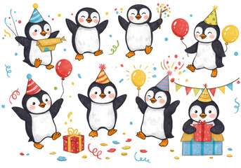 Fototapeta premium Illustration of Celebration Penguins Cartoon Party Confetti Isolated Background