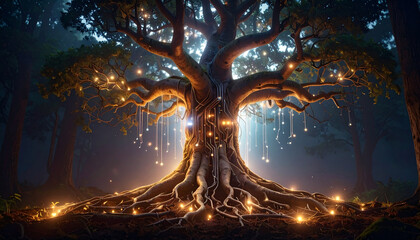 Neural Network Tree Roots. Artificial Intelligence concept. Generated Image