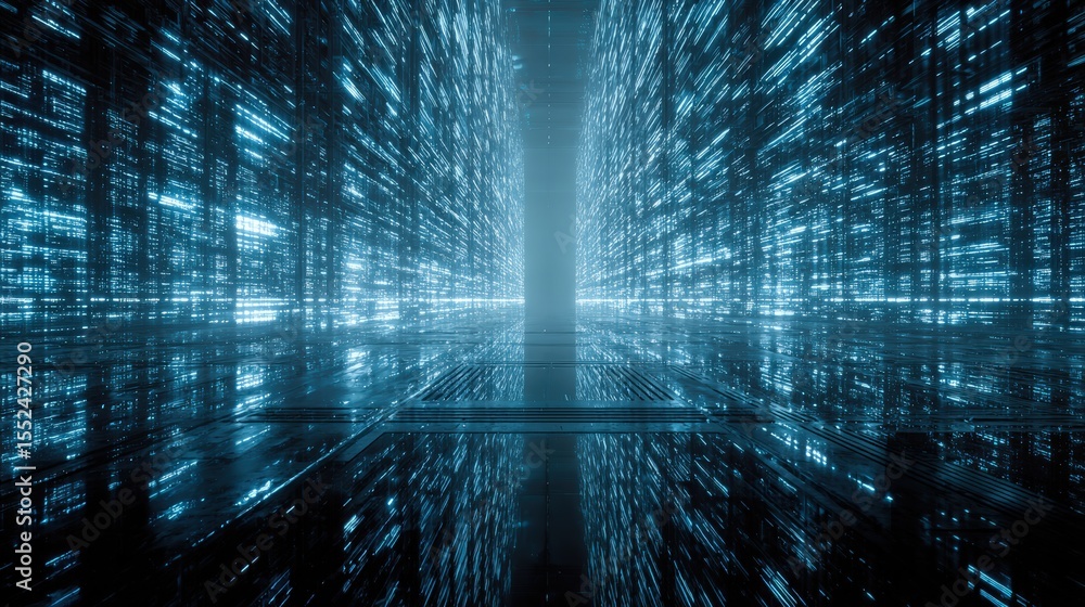 Poster Glowing blue digital lines and code fill a futuristic server room, creating a matrix like effect with reflections on the floor