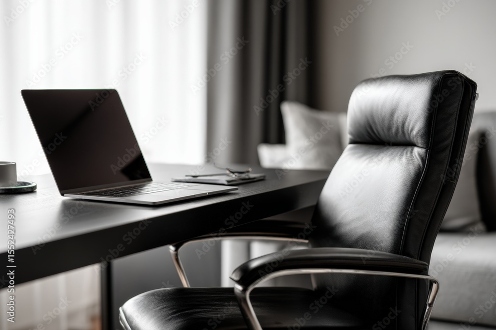 Poster modern home office setup featuring an ergonomic chair and a laptop on a desk, creating a productive 