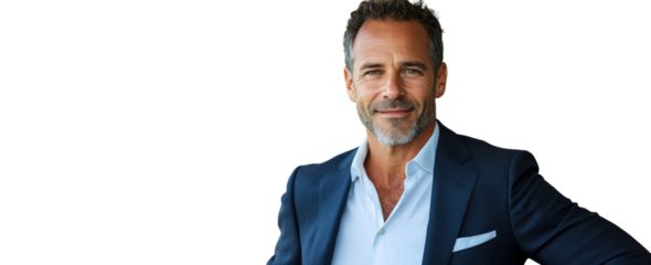 Confident businessman in a formal suit with a charming smile standing against a neutral background showcasing professionalism and approachability