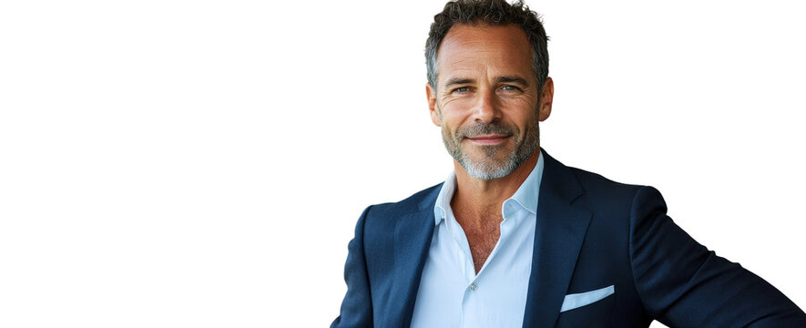 Confident businessman in a formal suit with a charming smile standing against a neutral background showcasing professionalism and approachability