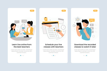 Onboarding Mobile App Screens online live learning mobile app. Online education and internet video tutorial, audio books and online courses