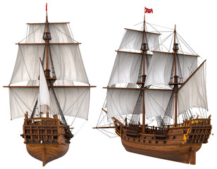 Detailed view of a meticulously crafted wooden sailing ship model, showcasing its stern and side profiles with billowing sails