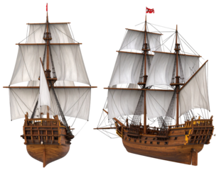 Detailed view of a meticulously crafted wooden sailing ship model, showcasing its stern and side profiles with billowing sails