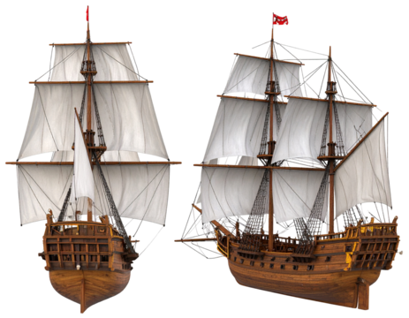 Detailed view of a meticulously crafted wooden sailing ship model, showcasing its stern and side profiles with billowing sails