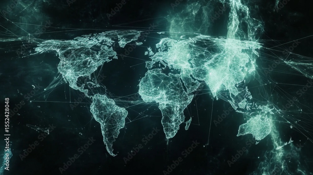 Poster animating global connectivity digital world map high-tech visualization virtual environment aerial v
