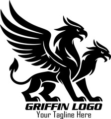 Obraz premium Griffin Logo, Silhouette of griffin with open beak and raised wing Logo vector, Heraldry animal, Griffin Mythical Creature Emblem mascot Vector Design Logo