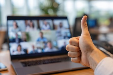 Businessman gesturing thumbs up while participating in a video conference with colleagues, expressing approval and success in remote teamwork