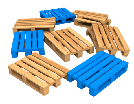 A circular arrangement of wooden and blue painted shipping pallets