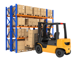 A yellow forklift loads cardboard boxes onto a tall blue rack in a warehouse